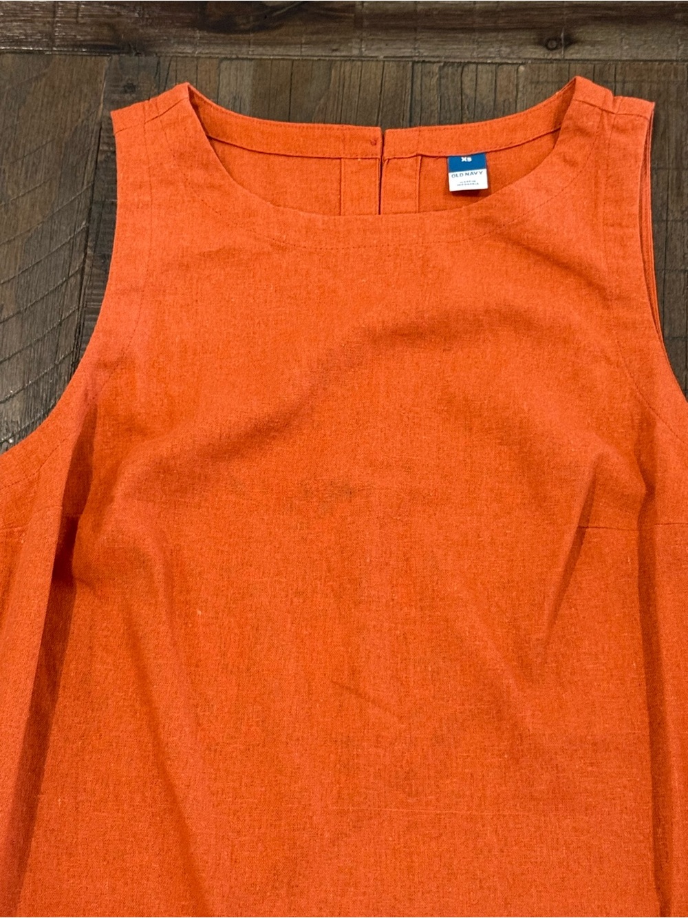 Old Navy Printed Linen-Blend Mini Shift Dress Rust Color Crew Neck Loose - Picture 13 of 14